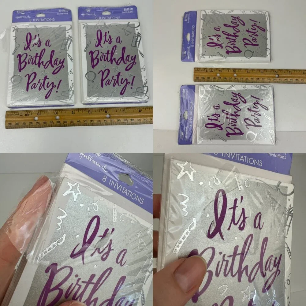 Vtg 2 Packs Its a Birthday Party Silver Metallic Invitations Greeting Cards READ